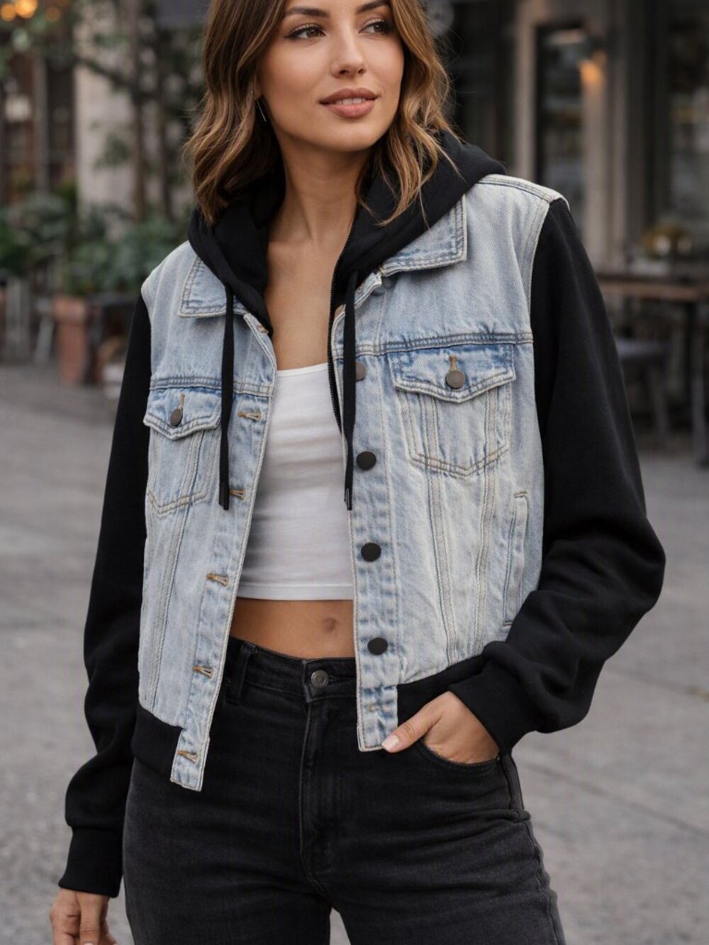 Blank NYC Light Wash Denim & Black Hoodie Jacket - Women's Layered Style